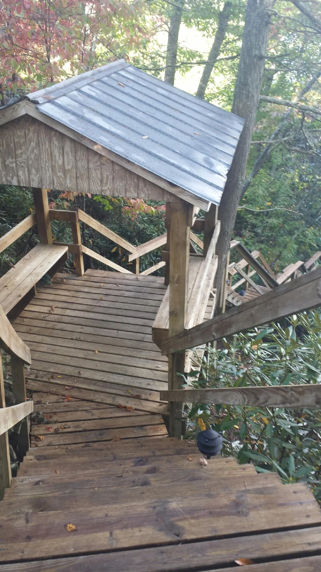 Metal roofed shelter over wooden steps on a wooded walkway — Skylight Repair & Installation work by our crew in Faucett